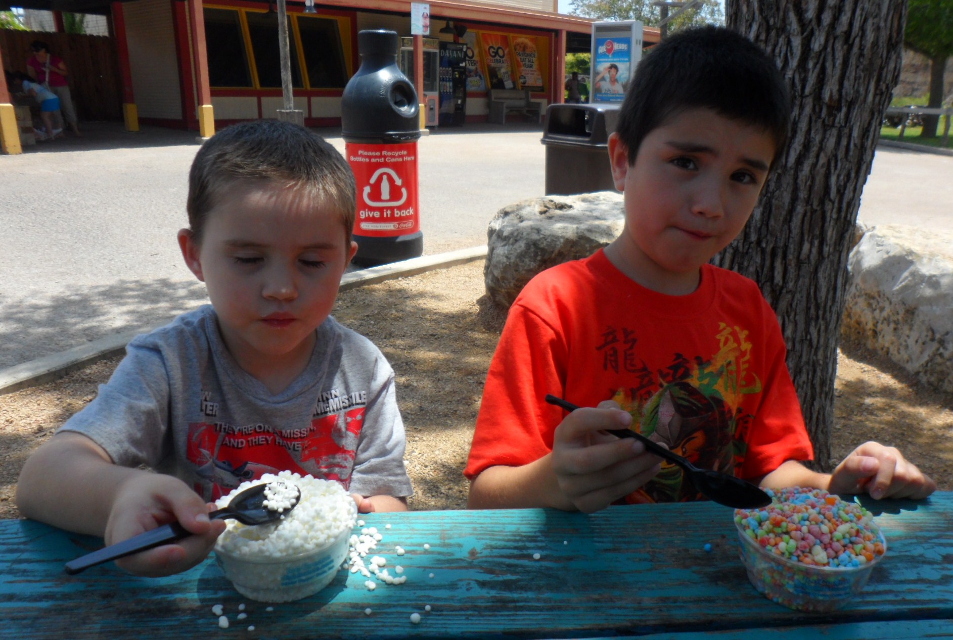 My Dippin' Dots pictures aren't great...Connor is making a funny face and JT has his eyes closed.