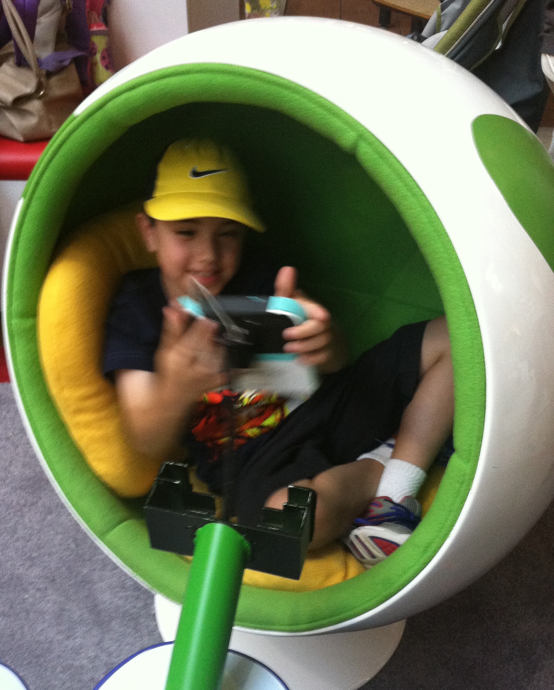 Super excited to sit in the Yoshi egg chair.