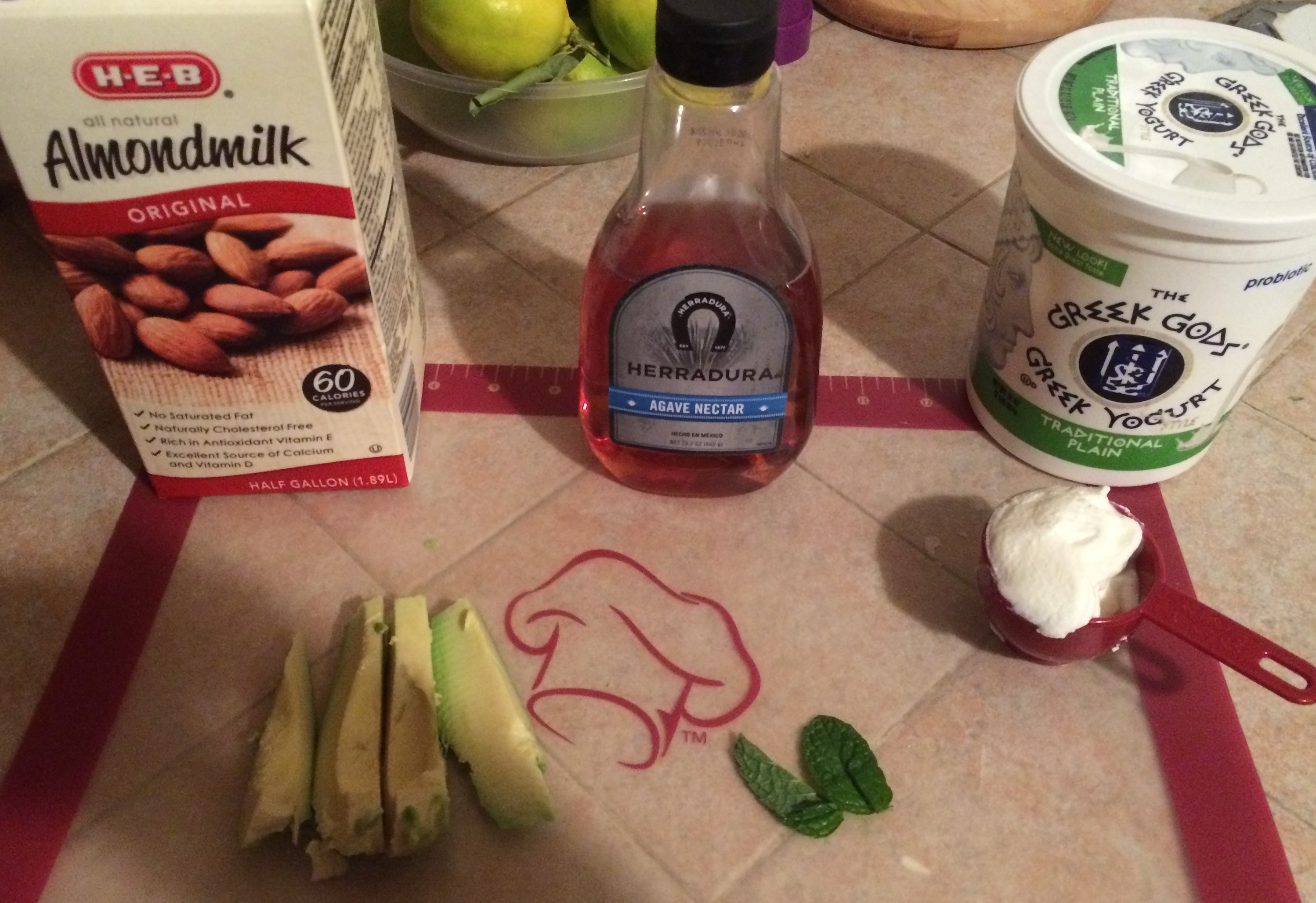 The ingredients here are avocado, yogurt, almond milk, mint, and agave nectar.