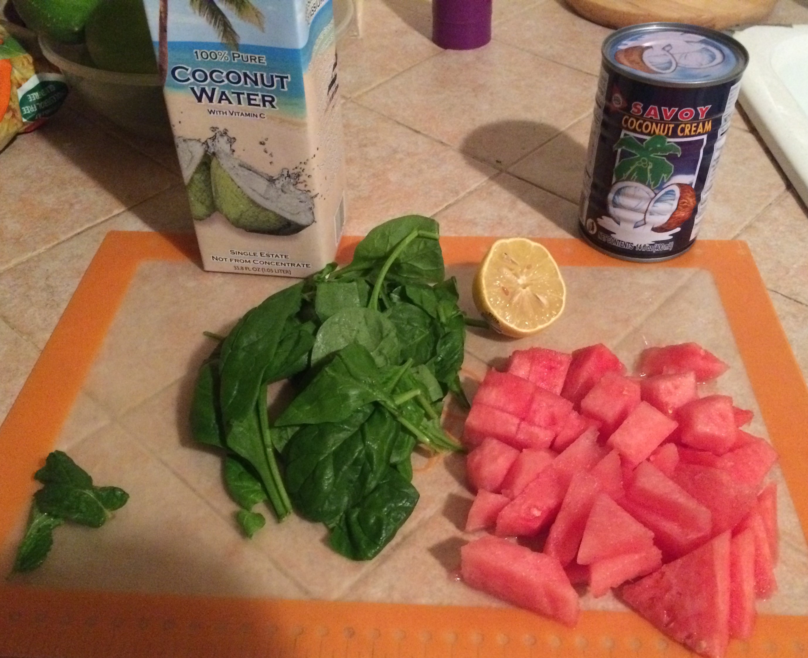 Ingredients for this one are watermelon, spinach, lemon, mint, coconut water, and coconut cream.
